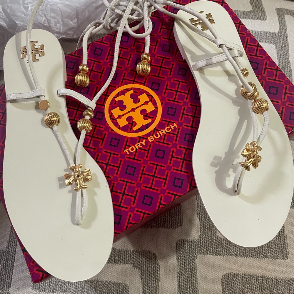 Tory Burch White and Gold Women's Sandals